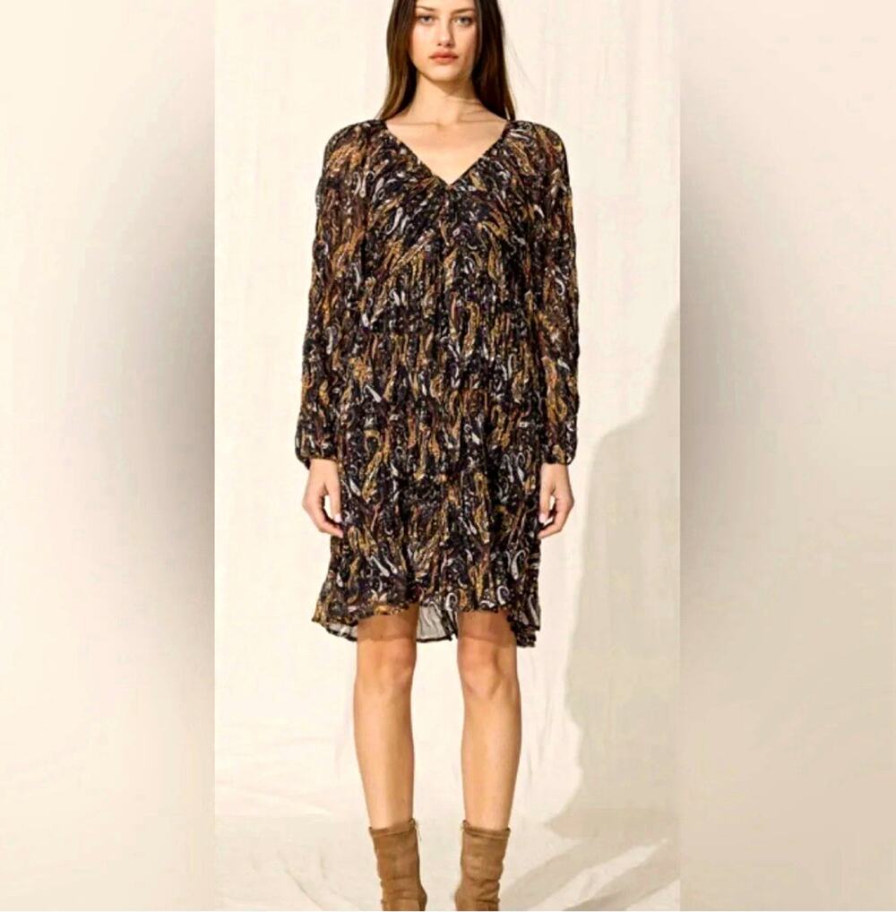 Miss Me Black Paisley Chiffon Mini Dress Long Puff Sleeve V-Neck Tie Size M